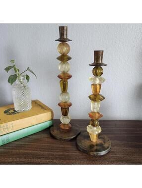 Vintage Lucite Beaded Candlestick Holders MCM Clear Green Amber Beads